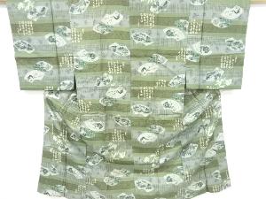 アンティーク 横段に地紙・草花模様男物長襦袢